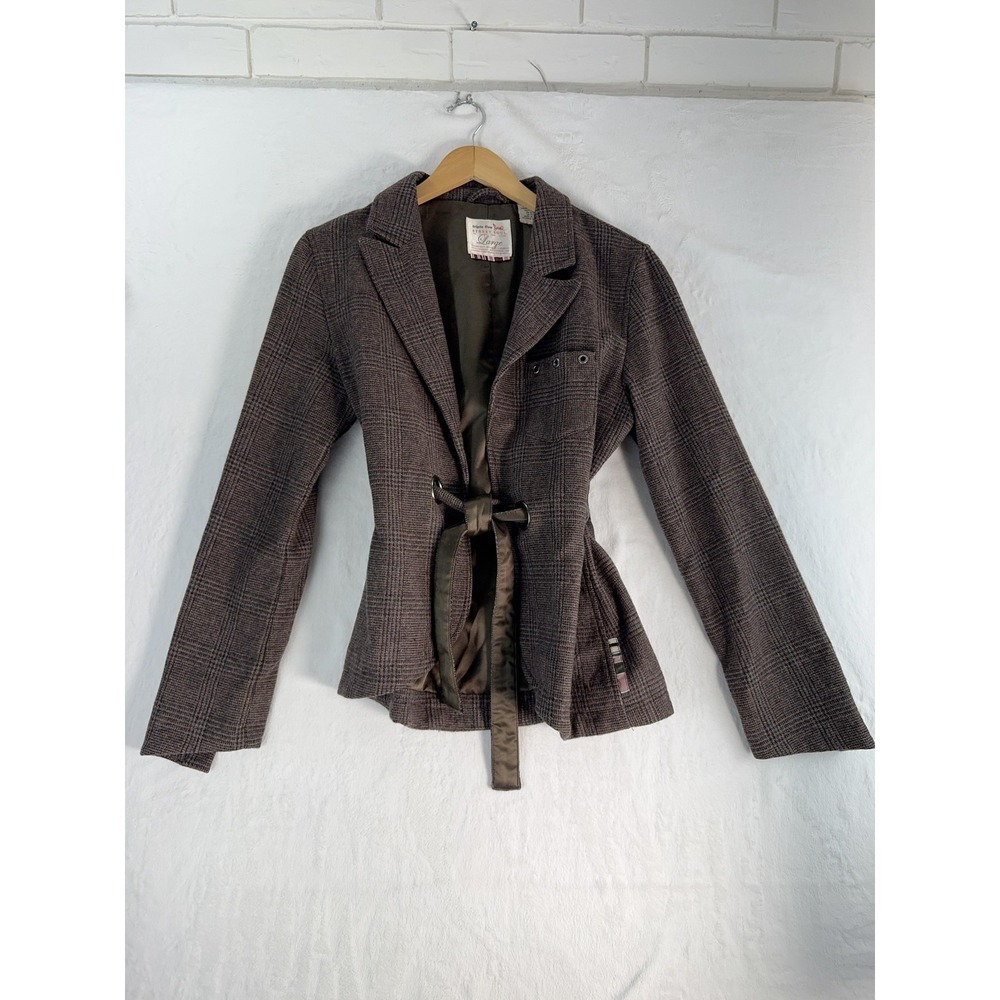 Triple Five Soul Jacket Womens Large Brown Plaid Wool Belted Short Tweed Blazer